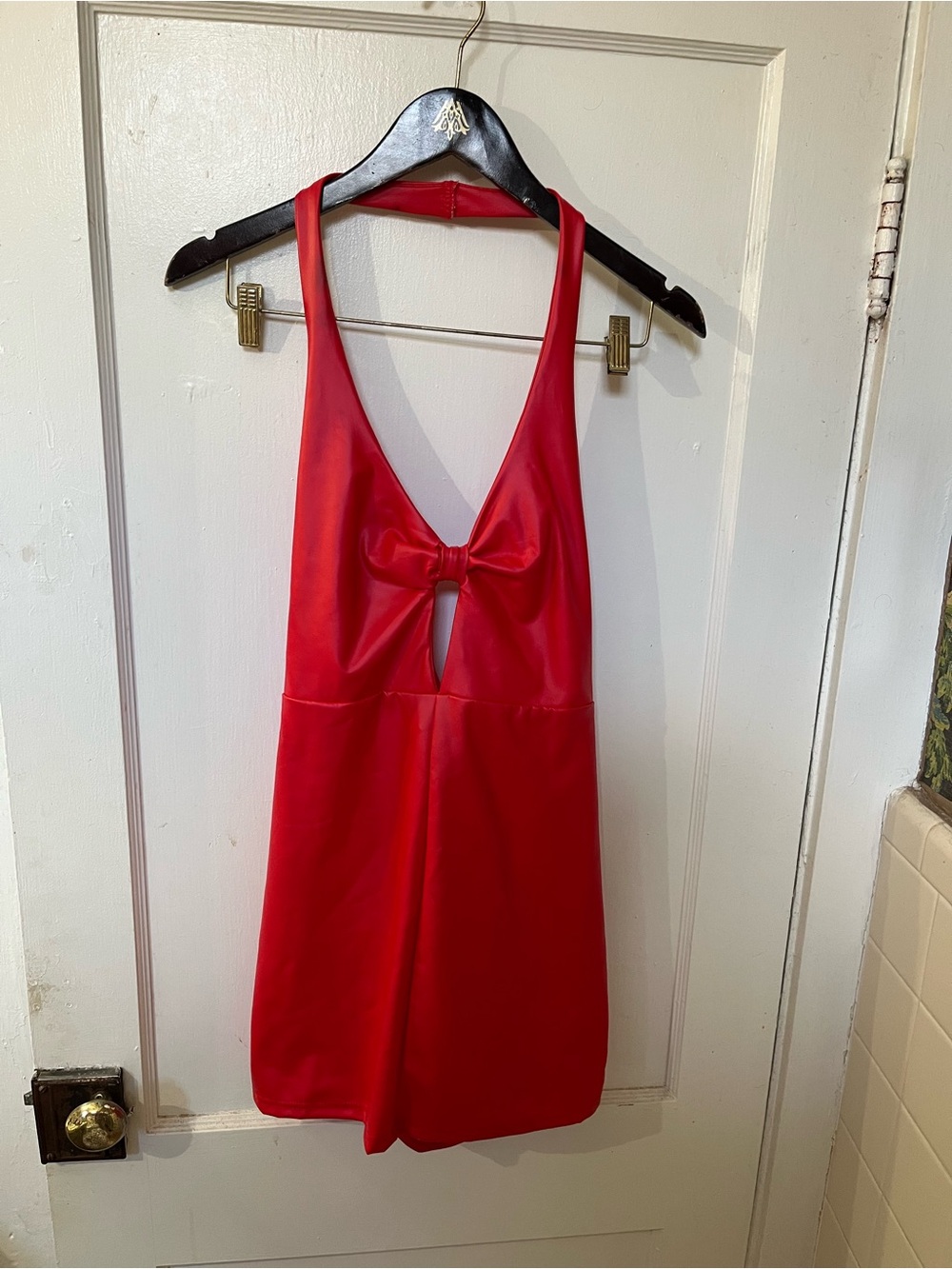 Red Faux Leather Halter Dress w/ Front Bow & Cutout • Medium • EUC
